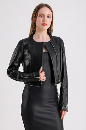 Alvira Kadın Siyah Deri Ceket