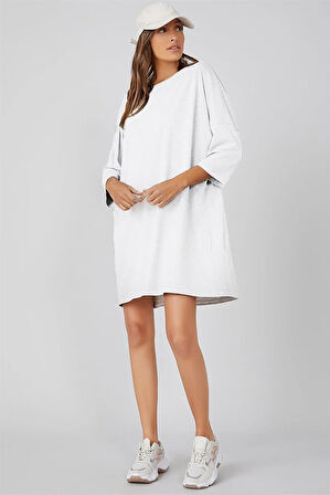Beyaz Kadın Kısa Kollu Oversize  Elbise 5136_301