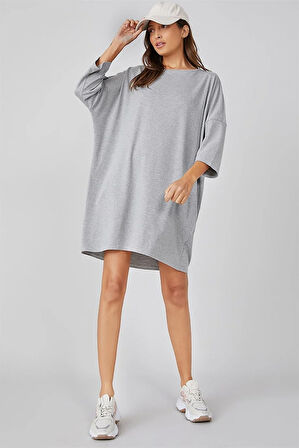 Gri Kadın Kısa Kollu Oversize  Elbise 5136_301