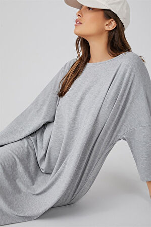 Gri Kadın Kısa Kollu Oversize  Elbise 5136_301