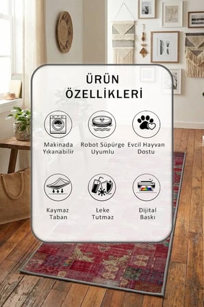 Yıkanabilir Kaymaz Arm-08 Dijital Baskılı Yolluk Halı Tüy Tutmaz Kahve