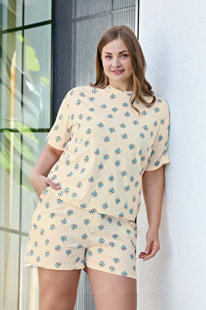 Aydoğan Kadın Dondurma Desenli Büyük Beden %100 Pamuk Şort Pijama Takımı