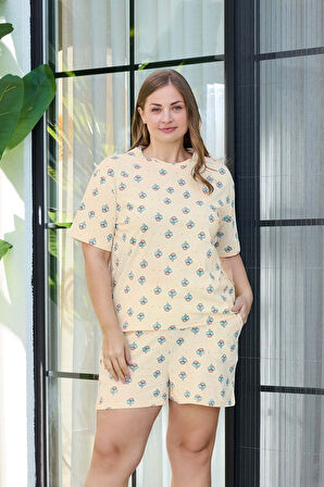 Aydoğan Kadın Dondurma Desenli Büyük Beden %100 Pamuk Şort Pijama Takımı