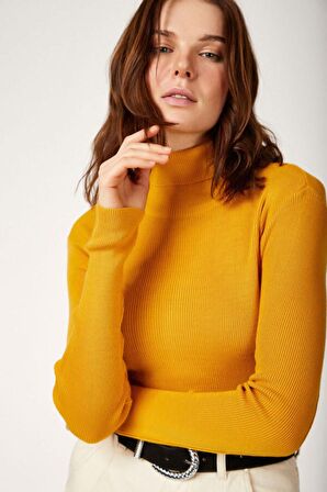 Kadın Hardal  Boğazlı Fitilli Triko Balıkçı Yaka Kazak HZL22W-BD1445001