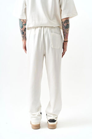 Erkek Eğik Şerit Detaylı İnterlok Baggy Eşofman Altı Ekru