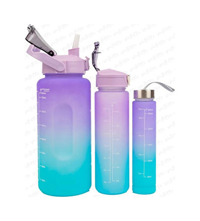 BPA FREE 3'lü Set Motivasyonel Su Matarası, Stickerli Suluk, Motivasyon Matarası 2 Litre, 750 Ml, 300 Ml 