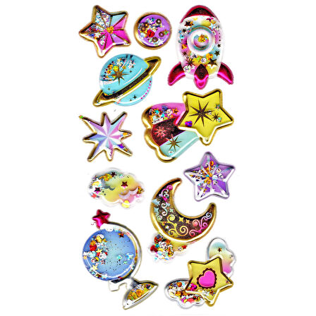 Sticker Kabartmalı Stiker Defter, Planlayıcı Etiket (pullu-803) - 17X9 cm - Gezegen Roket Yıldız
