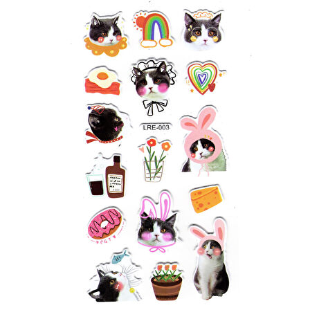 Sticker Kabartmalı Stiker Defter, Planlayıcı Etiket (lre-003) - 17X9 cm - Komik Şapkalı Kedi