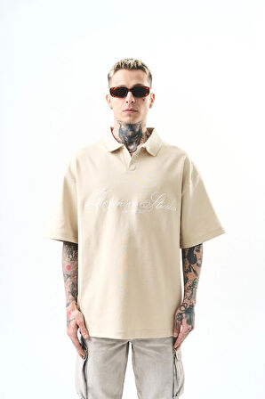 Erkek Polo Yaka Oversize T-Shirt Bej