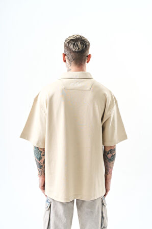 Erkek Polo Yaka Oversize T-Shirt Bej