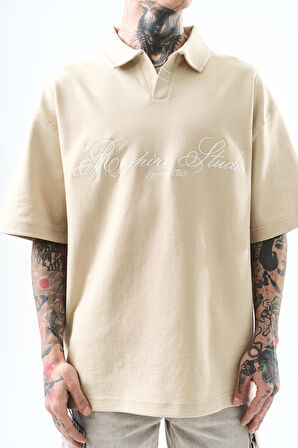 Erkek Polo Yaka Oversize T-Shirt Bej