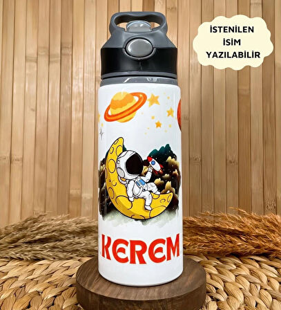Kişiye Özel İsimli Özel Erkek Çocuk Astronot Uzay Pipetli Suluk Matara 650 ml
