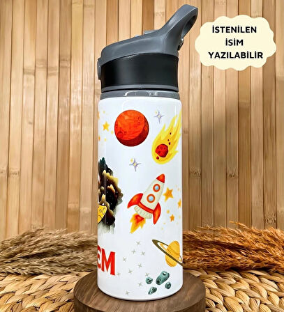 Kişiye Özel İsimli Özel Erkek Çocuk Astronot Uzay Pipetli Suluk Matara 650 ml