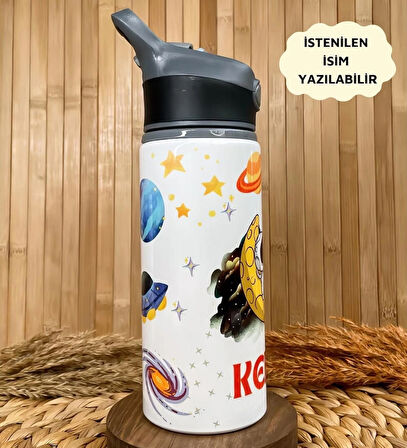 Kişiye Özel İsimli Özel Erkek Çocuk Astronot Uzay Pipetli Suluk Matara 650 ml