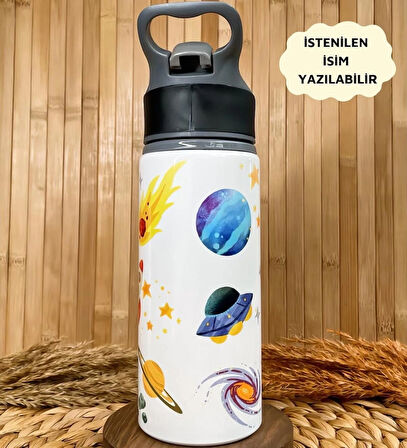 Kişiye Özel İsimli Özel Erkek Çocuk Astronot Uzay Pipetli Suluk Matara 650 ml