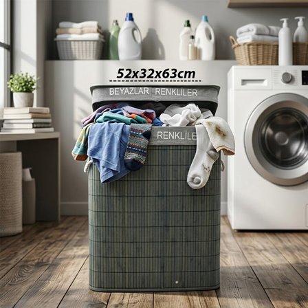 GRİ DİKDÖRTGEN  BÖLMELİ XCM Y:CM BAMBU AHŞAP KİRLİ ÇAMAŞIR SEPETİ KUMAŞ ÇANTALI İP KULP ()
