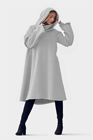 Yeni Nesil Özel Tasarımlı Kapüşonlu Sweatshirt Kadın Gri Hoodie Elbise Tulum 5149 2010