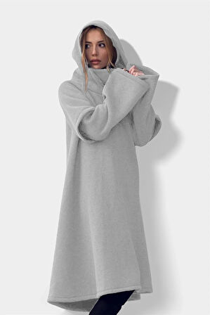 Yeni Nesil Özel Tasarımlı Kapüşonlu Sweatshirt Kadın Gri Hoodie Elbise Tulum 5149 2010