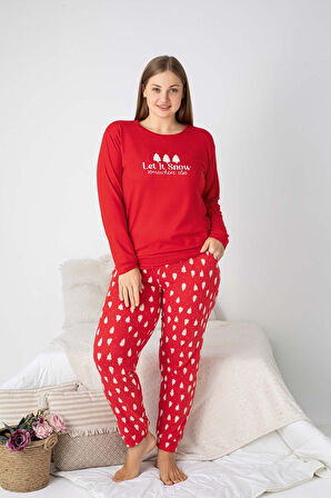 Kadın Bisiklet Yaka Düğmesiz Kışlık Termal Bilek Manşetli Jogger Uzun Kol Cepli Pijama Takımı