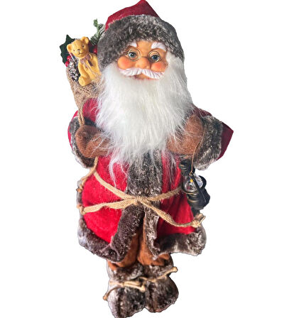 Yılbaşı Süsü Noel Baba Biblo Figür Büyük Boy 45cm - Feneri, Ayılı Hediye Çuvalı ve Aksesuarları ile