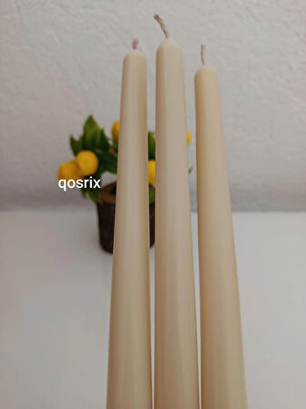 qosrix 3'lü Krem Şamdan Soya Mumu 1. Kalite Soya Doğal Pudra Kokulu Uzun Çubuk Konik Mum Dekoratif