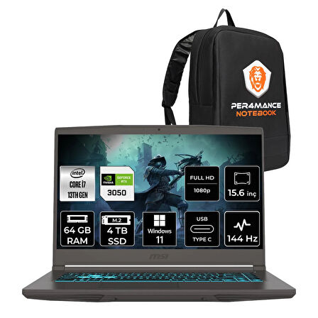 MSI Thin 15 i7 13620H 64GB 4TB SSD RTX3050/4GB 15.6" FHD 144HZ W11H Gaming Laptop & PER4 ÇANTA