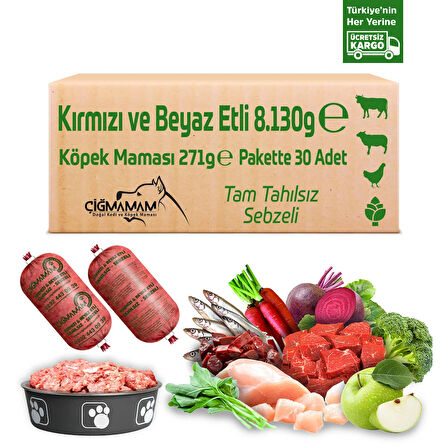 Kırmızı ve Beyaz Etli Tahılsız 8.130 Gr 271 Gr 30 Adet Çiğmamam Barf Köpek Maması