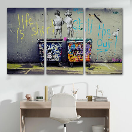 Bansky Çöp Kutusuna İşeyen Çocuklar Kanvas Tablosu / Hayat Kısa-5154