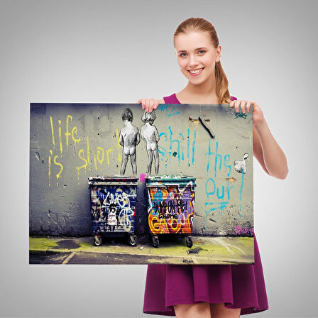 Bansky Çöp Kutusuna İşeyen Çocuklar Kanvas Tablosu / Hayat Kısa-5154