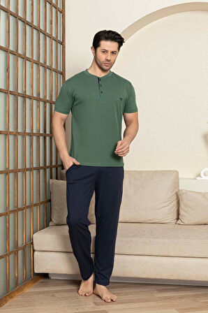 Erkek 3 Düğmeli %100 Pamuk Yazlık Kısa Kol Cepli Pijama Takımı