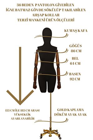 Lüks Gold Ayaklı Pantolon Giyebilen 36 Beden Ahşap Kollu Terzi Vitrin Mankeni