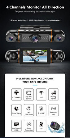 WEVOLT MB-5900 YENİ PREMİUM 4 KAMERALI  FULL HD 1080 P GENİŞ AÇI ARAÇ KAYIT KAMERASI