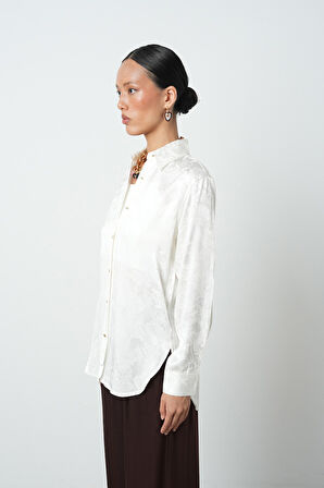 Kadın Ekru Renk Desenli Düğmeli Gömlek