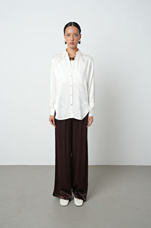 Kadın Ekru Renk Desenli Düğmeli Gömlek