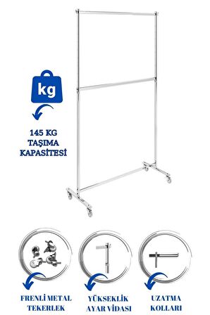 Ev Tipi Çift Katlı Kıyafet Askısı Tekerlekli Askılık Orta Stant Metal Elbise Askılığı