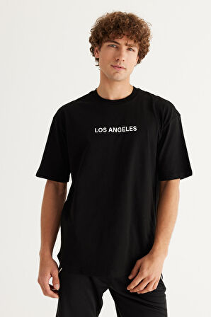 Erkek Siyah Long Fit %100 Pamuk Oval Kesim Bisiklet Yaka Los Angeles Baskılı Kısa Kollu Tişört