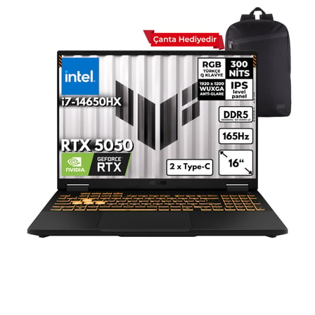 ASUS TUF Gaming F16 i7-14650HX 32-GBDDR5 4 TBSSD RTX5050 (8GB-GDDR7-115W) 16" WUXGA 165Hz Windows 10 Home + Sırt Çantası FX608JHR-RV048QB58