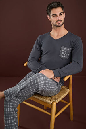 Erkek V Yaka Düğmesiz Göğüs Cepli Yumuşak Termal Bilek Manşetli Kışlık Uzun Kol Cepli Pijama Takımı 