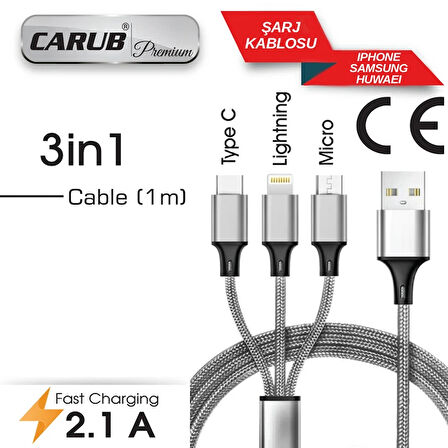 CARUB Şarj Kablo Usb 3lü İphone,Samsung,Huwaei 1MT