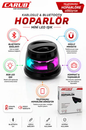 Carub Bluetooth Hoparlör Manyetik RGB LED Işıklı Taşınabilir Mini Kablosuz Telefon Hoparlörü