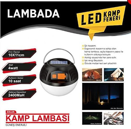 LAMBADA KAMP FENERİ GÜNEŞ ENERJİLİ ÇAKAR 2 FONKSİYON BEYAZ USB GİRİŞ