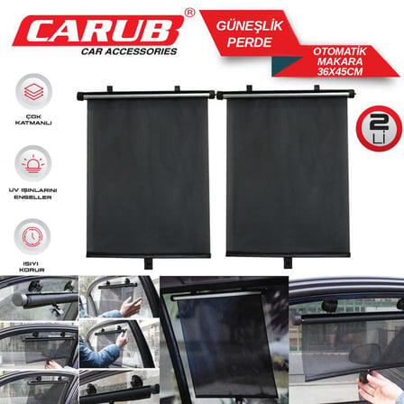 CARUB Oto Güneşlik Yan Cam Perde 36x54 cm Makaralı Otomatik Siyah 2'li Set BR4955702