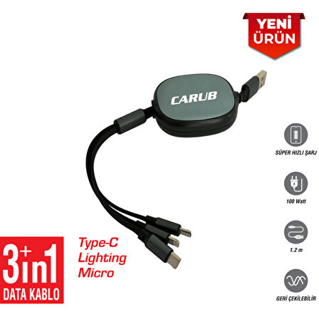 Araç İçi Şarj Kablosu, USB Uyumlu, Geri Çekilebilir Usb 1.2m 3in 1 BR590 1867