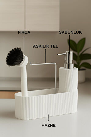 Beyaz Fırçalı Sabunluk - Mutfak,Lavabo Düzenleyici Seti,Organizer