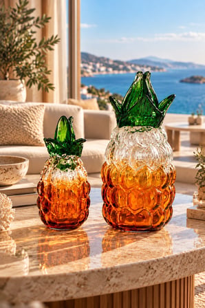 El Yapımı Cam Ananas Biblo Seti 2'li Dekoratif Cam Obje Yeşil ve Amber Renkli 23 cm 32 cm