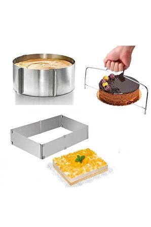 Pasta Kek Hazırlık Seti Ayarlanır Kare ve Daire Kalıplar ve Kek Pasta Kesme Teli