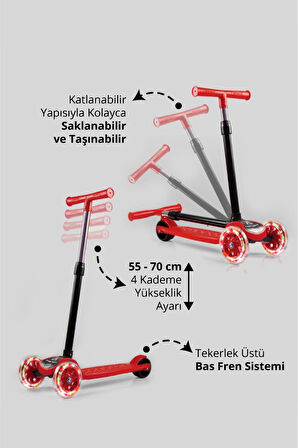 T212-K Katlanabilir Led Işıklı Scooter / 4 Kademe Ayarlanabilir Yükseklik Ayarı (55-70 CM) / Arka Fren