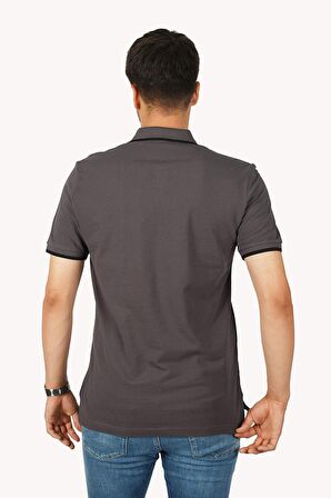 Füme Siyah Yaka Çizgili Erkek Polo Yaka Tişört
