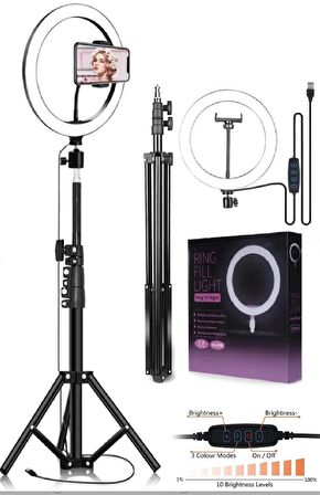 10"inç Ring Light Youtuber Tiktok Çekim Işıklı Telefon Tutucu Influencer Makyaj Işığı 2.10 m