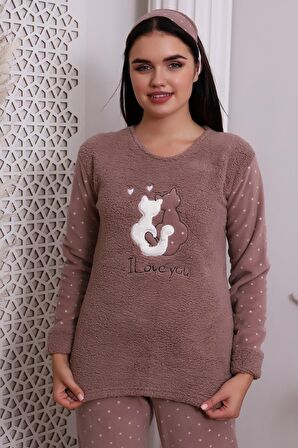 Fawn 3011 Peluş Welsoft Polar Kışlık Kadın Ev Kedi İşlemli Pijama Takımı